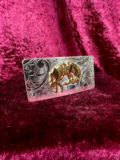 Vintage Nickel Silver Western Belt Buckle Pair - Bucking Bronco and Mustang Engraved