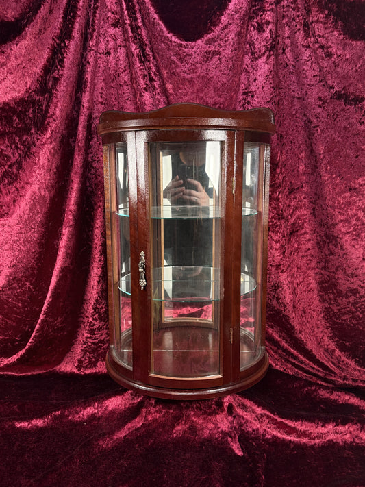 Vintage Curio Cabinet - Table Top Wood Curved Glass Cabinet - Mirrored Back - Glass Shelves - 20" Tall