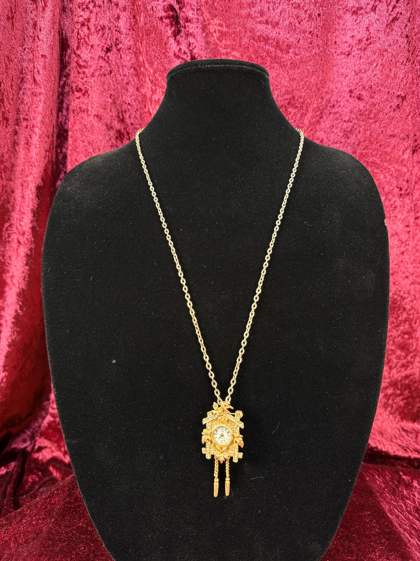 Vintage Gold Tone Cuckoo Clock Necklace – Rhinestone Accent Pendant