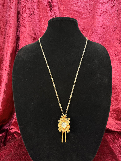 Vintage Gold Tone Cuckoo Clock Necklace – Rhinestone Accent Pendant