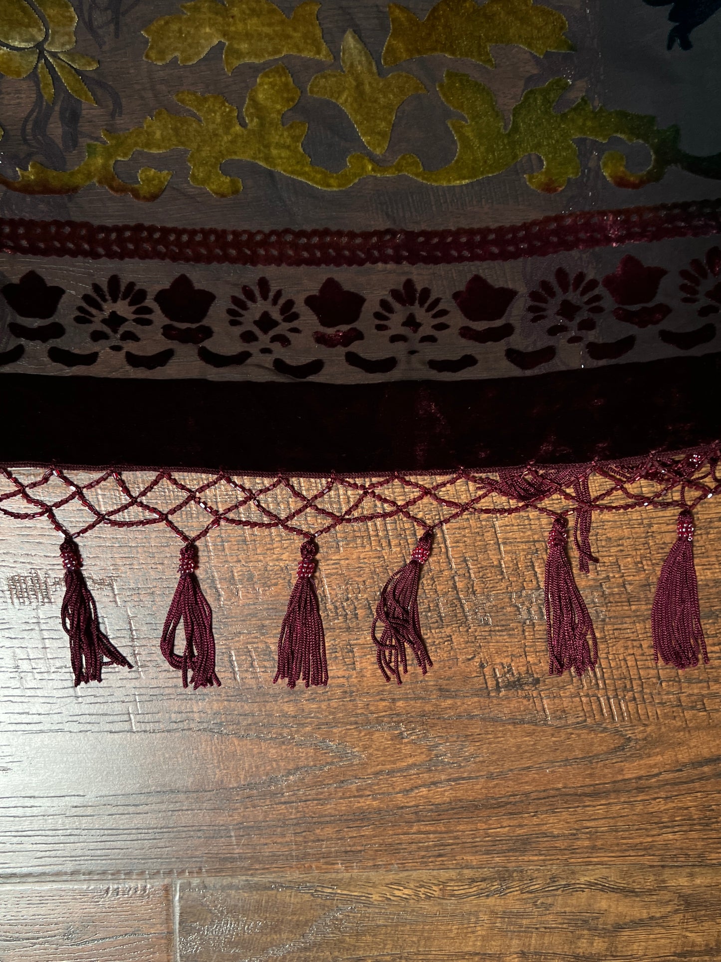 Vintage Velvet Burnout Shawl - Jewel Tone Floral Beaded Fringe Wrap - Size Small