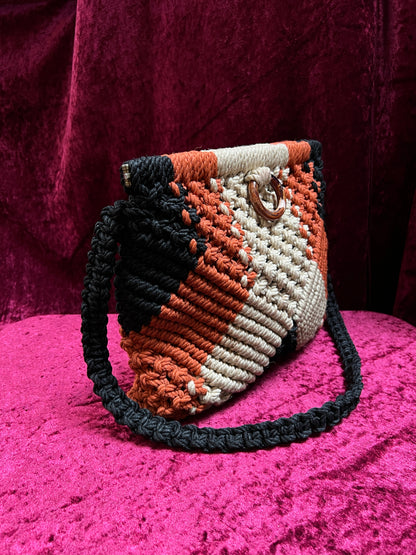 Vintage 1970s Frame Top Macramé Shoulder Bag – Geometric Earth Tones Pattern - Marbella