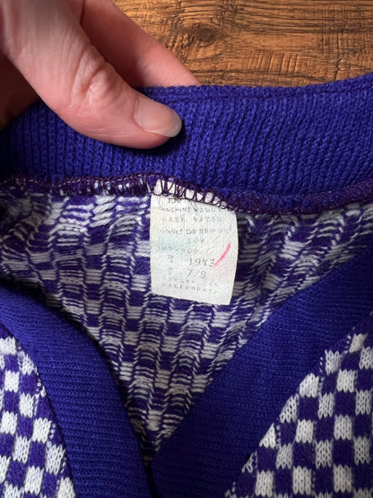 Vintage Acrylic Cardigan - Purple White Checkered Knit Button Front Sweater - Small