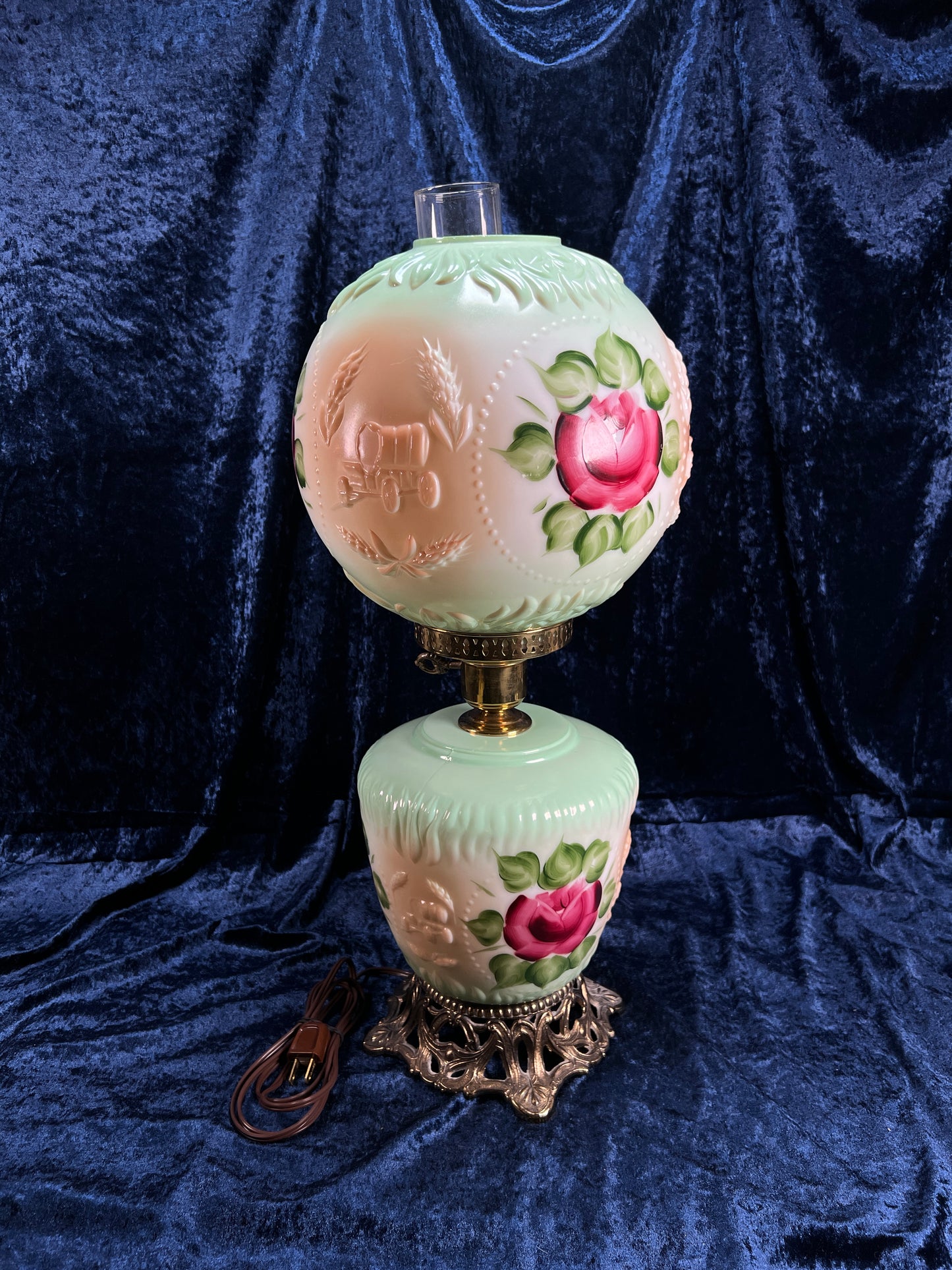 Vintage Fenton Milk Glass Table Lamp – Hand Painted Roses Double Globe Hurricane Parlor Style