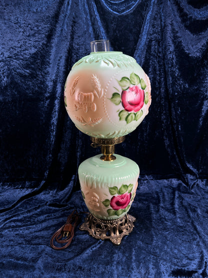 Vintage Fenton Milk Glass Table Lamp – Hand Painted Roses Double Globe Hurricane Parlor Style