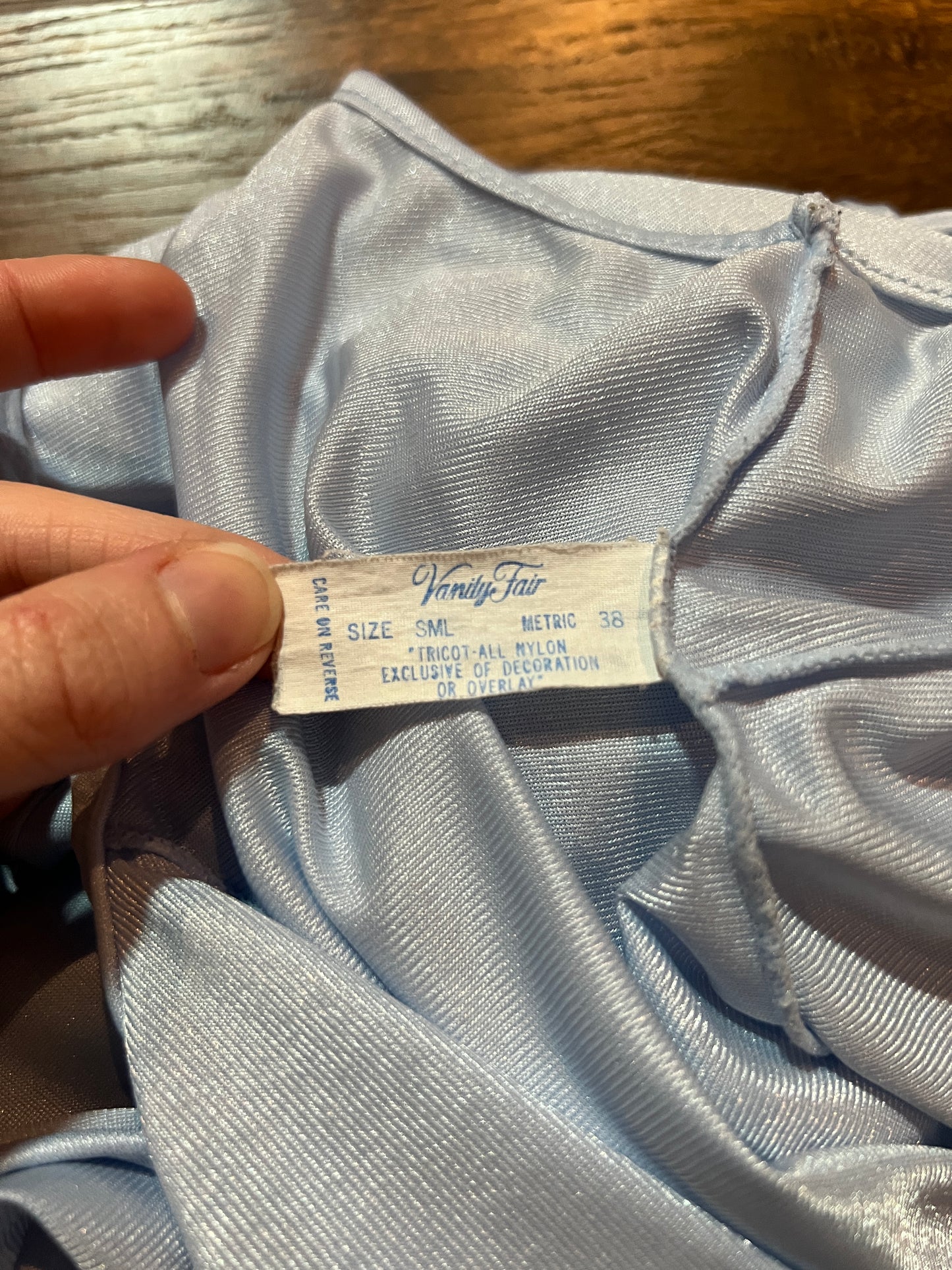 Vintage Clothing - Vanity Fair Full Length V-Neck Nightgown - Baby Blue with Pink Art Deco Flower - Small