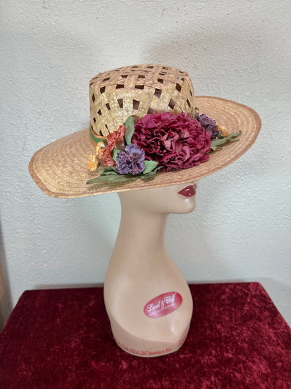 Vintage Accessories - Straw Sun Hat - Faux Flowers on Ribbon - Medium - The Hat Factory