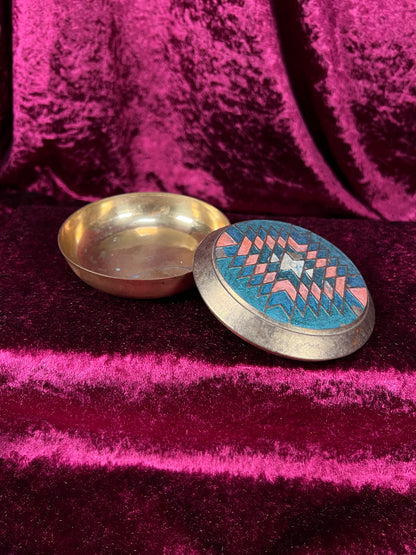 Vintage Solid Brass Trinket Box - 1990s Handpainted Southwestern Design