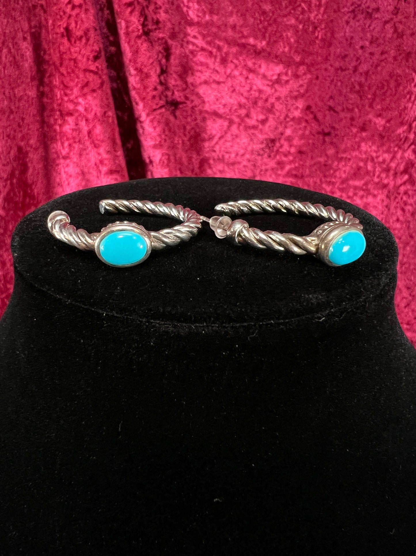 Vintage Style Sterling Silver Twisted Hoop Earrings – Cinderella Turquoise Cabochon