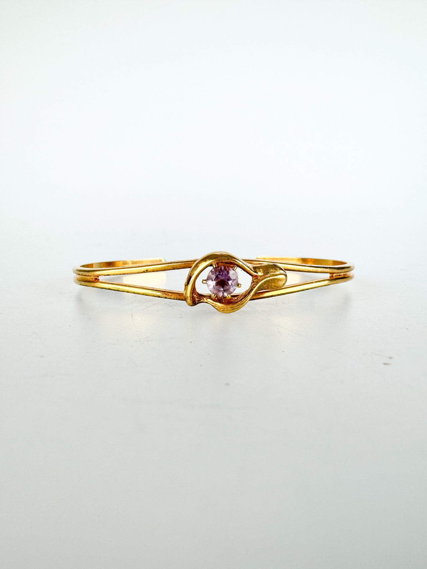 Vintage Dainty Gold Tone Cuff Bracelet with Pink Center Rhinestone