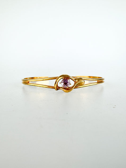 Vintage Dainty Gold Tone Cuff Bracelet with Pink Center Rhinestone