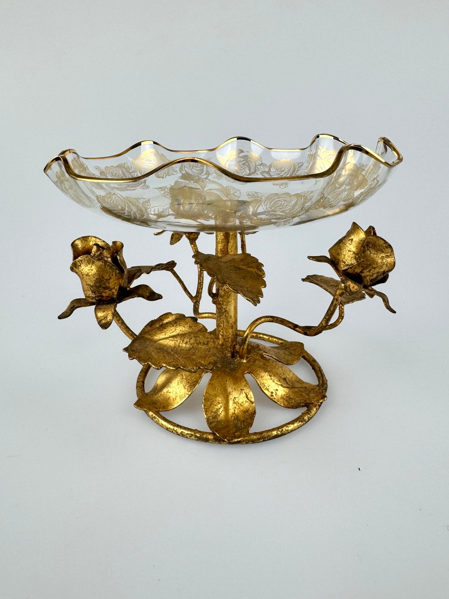 Vintage 1950s Italian Pedestal Candy Dish w/ Gold Roses - Hollywood Regency 22k Gilt Glass