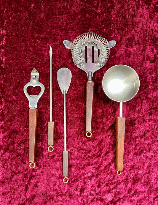 Vintage Barware - 5 Piece Cocktail Mixing Set - Stainless Steel / Wood Handles - Japan