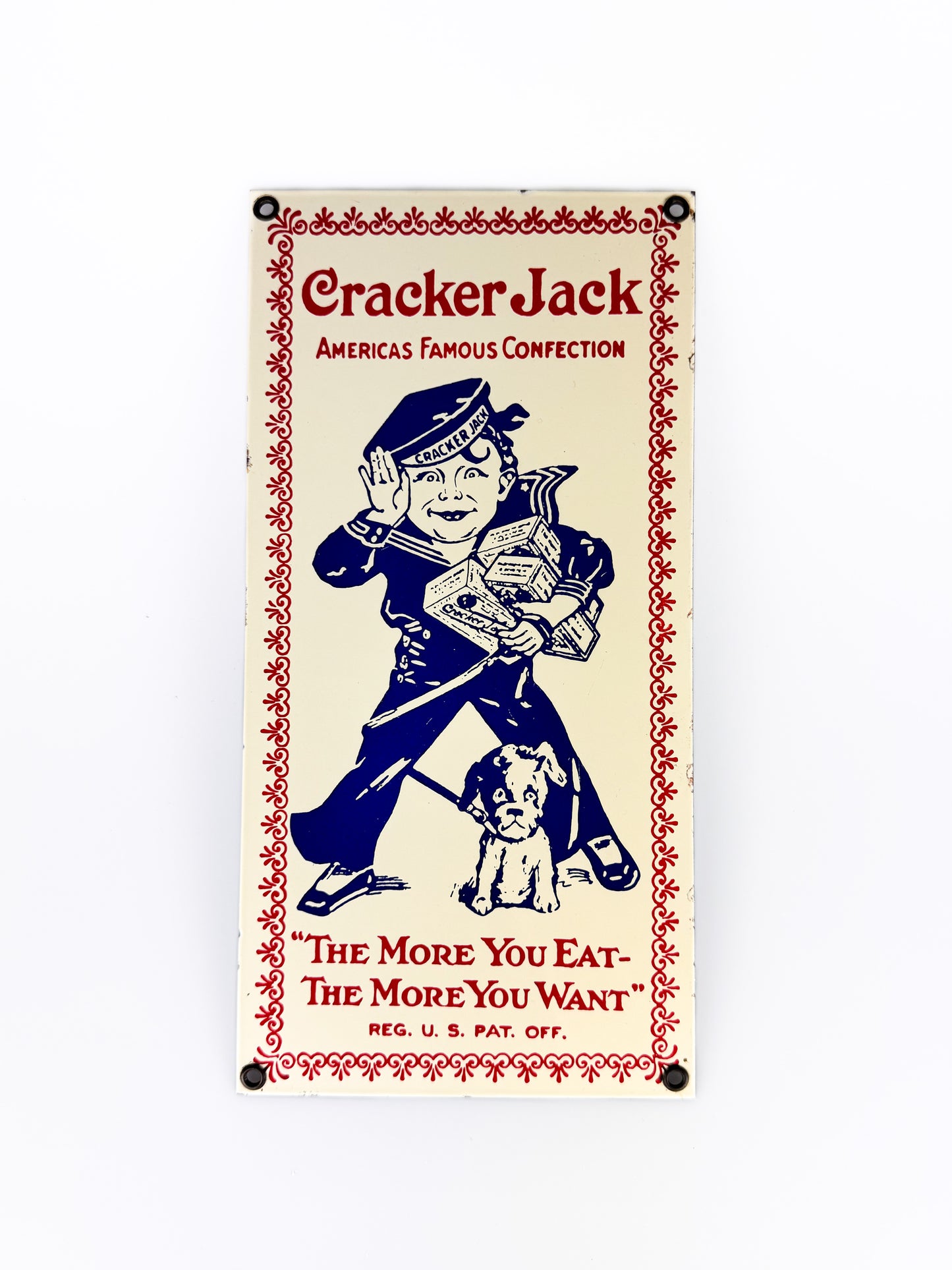 Vintage Metal & Enamel Cracker Jack Advertisement Sign - The More You Eat - 12"