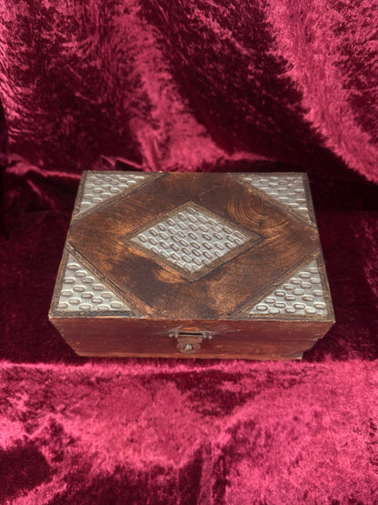 Vintage Dark Wood Trinket Storage Box – Geometric Metal Inlay - Lockable Lid