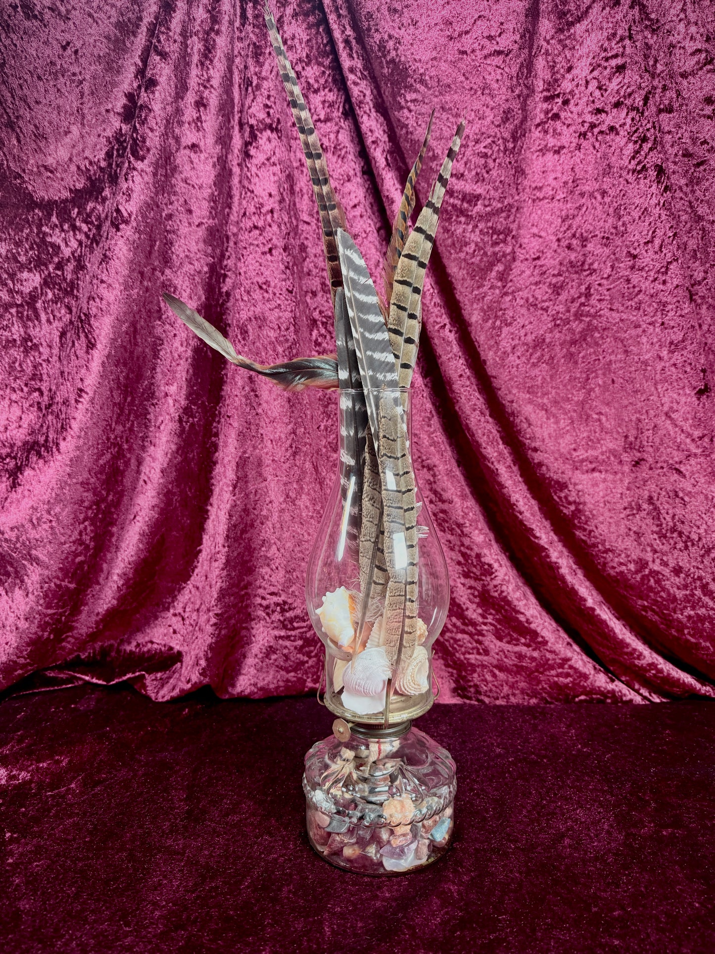 Vintage Glass Oil Lamp – Natural Feather and Shell Curio Display