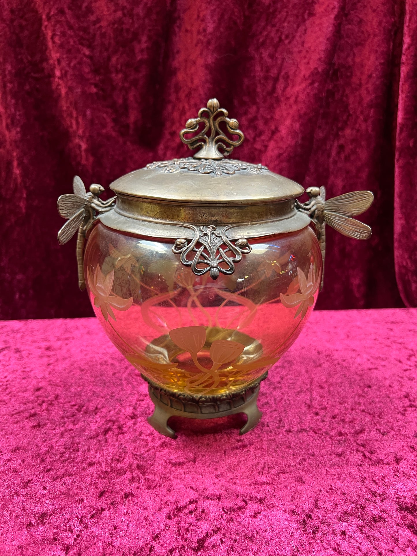 Vintage Oddities - Antique Art Nouveau Opium Jar - Etched Amber Glass - Castilian Poland