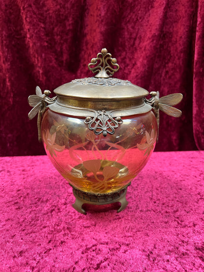Vintage Oddities - Antique Art Nouveau Opium Jar - Etched Amber Glass - Castilian Poland