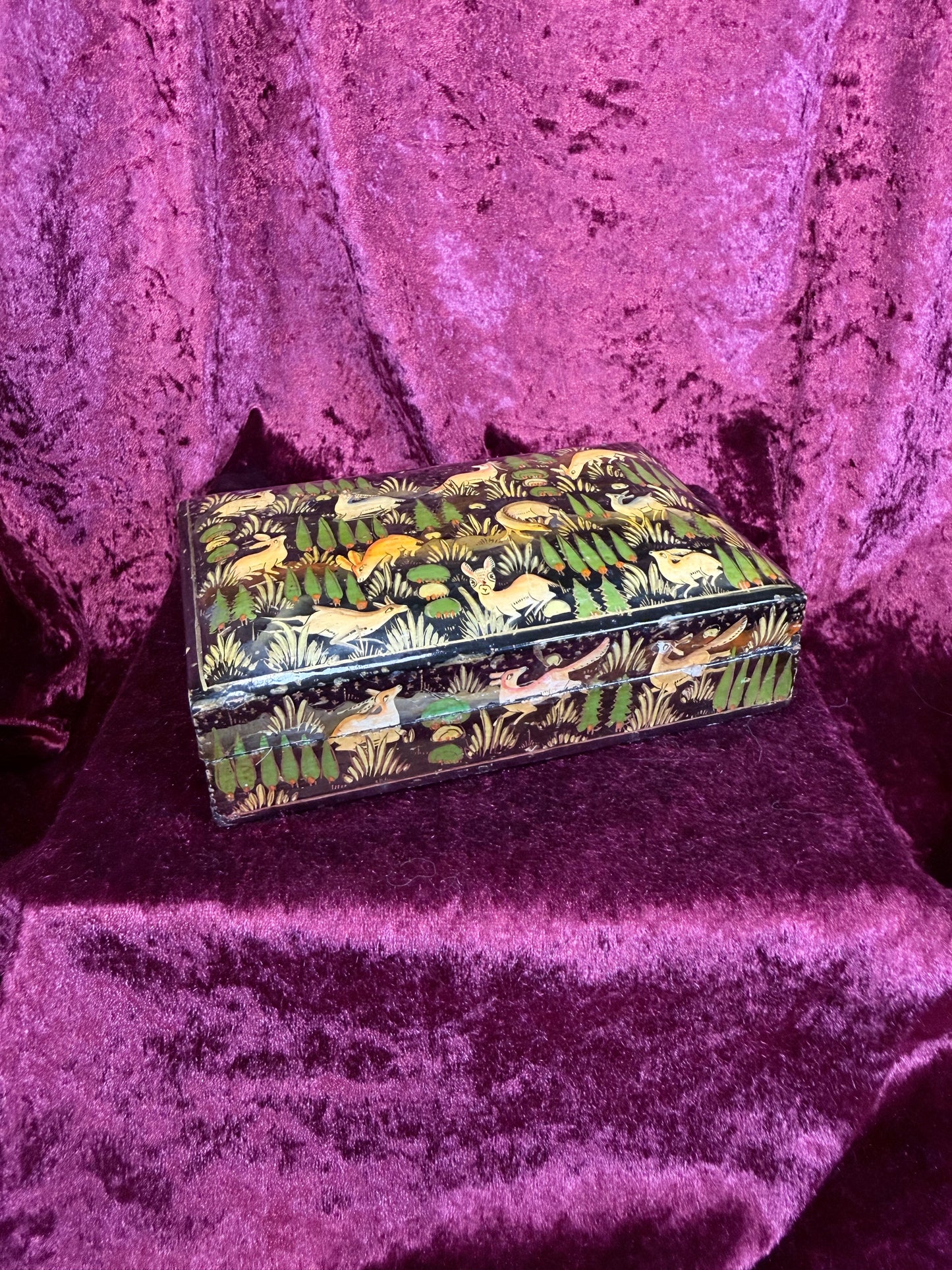 Vintage Papier-Mâché Trinket Box - Hand-Painted Kashmiri Woodland Animals