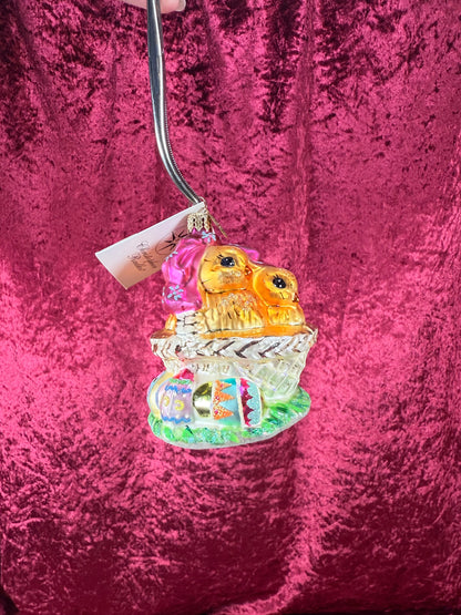 Vintage Christmas - Handblown Glass Ornament - Spring Chicks In Easter Basket - Christopher Radko - 2001