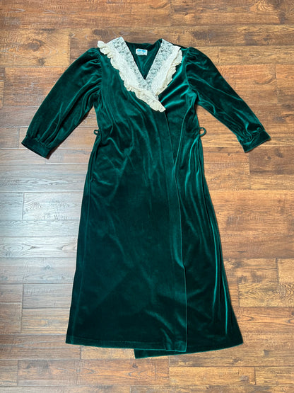 Vintage Clothing - Velour House Robe - Emerald Green - Floral Lace Collar - Large - Partners