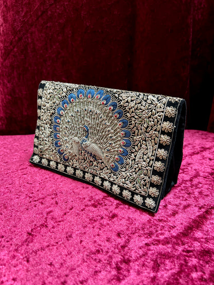 Vintage Double Sided Velvet Evening Clutch – Embroidered Peacock - Zardozi