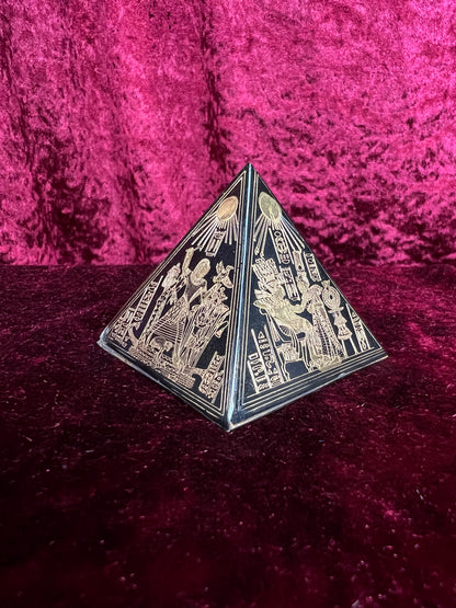 Vintage Metal Pyramid Paperweight - Gold Hieroglyphic Egyptian Souvenir