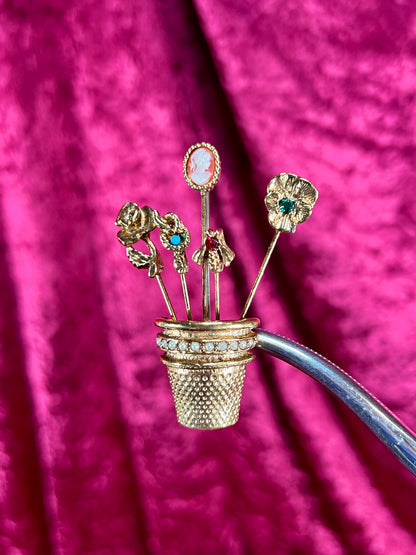 Vintage Jewelry - Brooch - Gold Tone - Overturned Thimble with Hat Pins