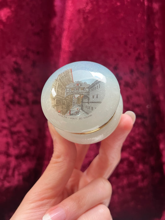 Vintage Trinket Box - Souvenir Pill / Snuff Box - Venezia Ponte Dei Sospiri Scene - Alabaster Stone