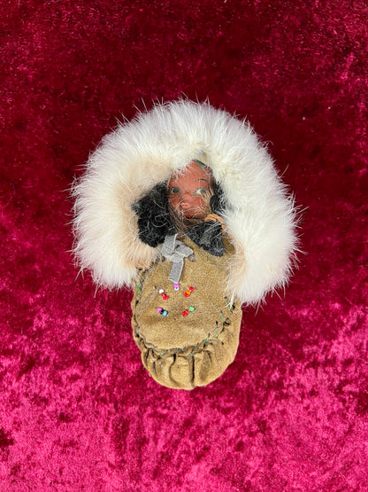 Vintage Souvenir Doll – Baby In Leather Moccasin with Rabbit Fur Trim