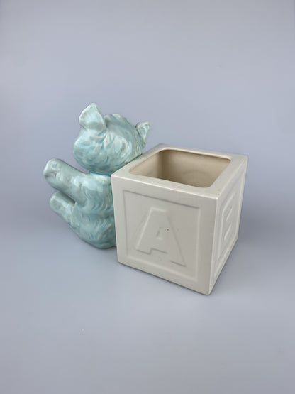 Vintage Kay Finch Blue Teddy Bear & Alphabet Block Ceramic Planter - California Pottery