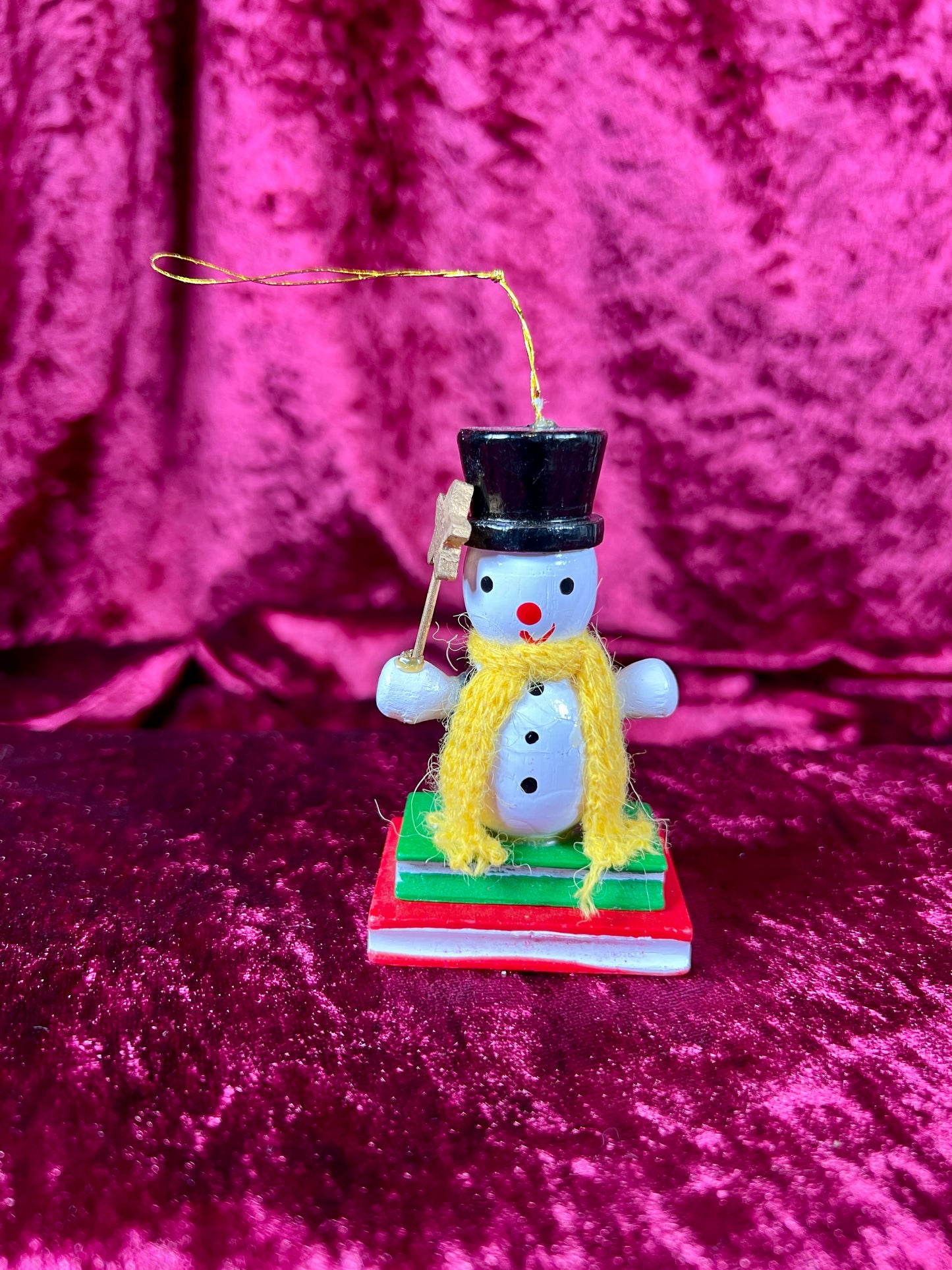 Vintage Christmas - Hand Painted Wood Ornament - Snowman Sitting On Books