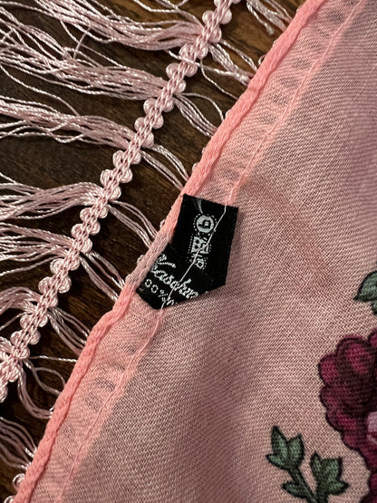 Vintage Kashmir Woole Floral Fringe Scarf - Pink Rose Square Wrap Bohemian Style