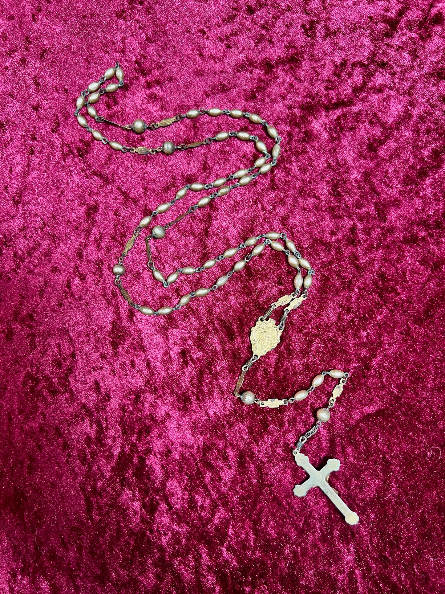 Vintage Jewelry - Italian Rosary - Champagne Gold Beads with Gold Tone Cross - 22"
