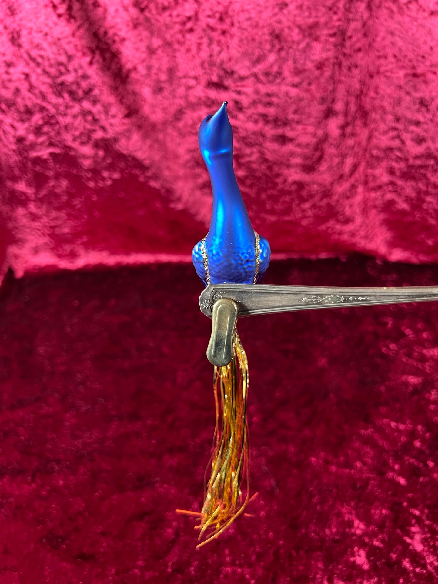 Vintage Christmas - Glass Clip-On Ornament - Royal Blue Crane with Tinsel Tail