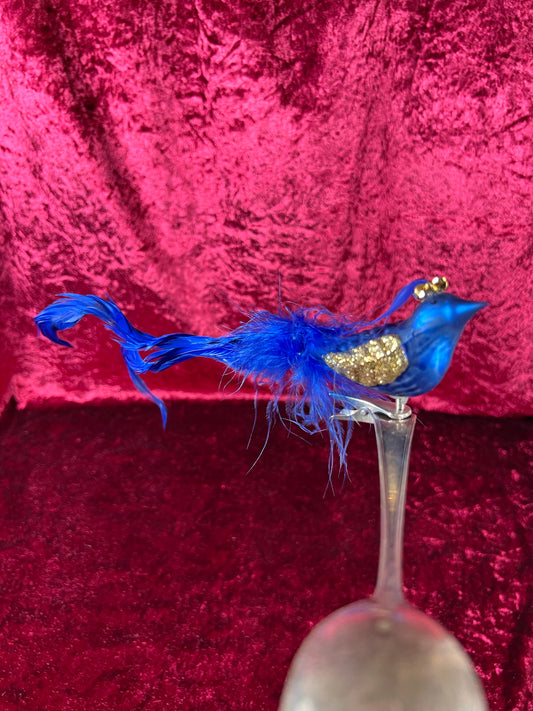 Vintage Christmas - Glass Clip-On Ornament - Royal Blue Peacock with Feather Tail