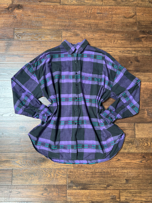Vintage Clothing - Plaid Button Up Shirt - Purple and Teal - Futures - X-Large