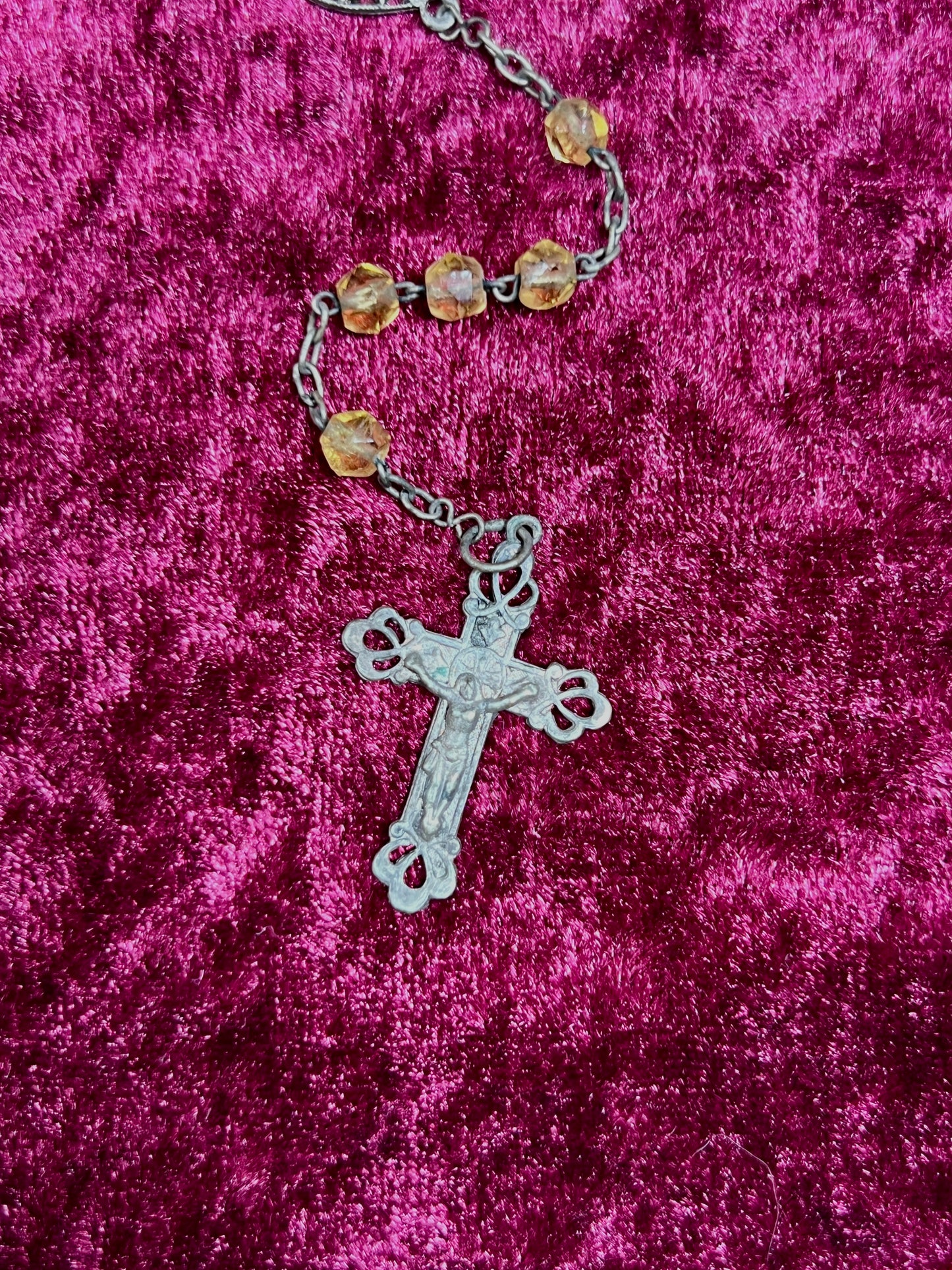 Vintage Jewelry - Rosary Beads - Faceted Amber Beads - Silver Tone Cross - 13.75"