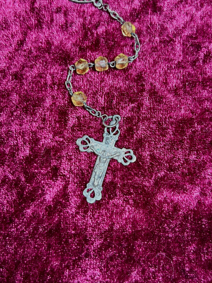 Vintage Jewelry - Rosary Beads - Faceted Amber Beads - Silver Tone Cross - 13.75"