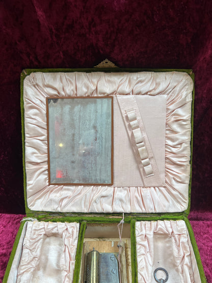 Antique Vanity Decor - French Musical Perfume Box - Green Velvet - Gold Metal Trim