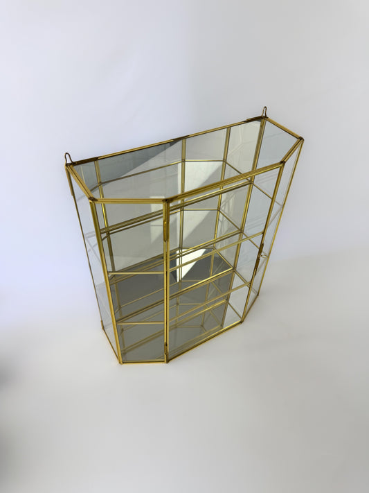 Vintage Mirrored Brass & Glass Wall Hanging Curio Cabinet - Large