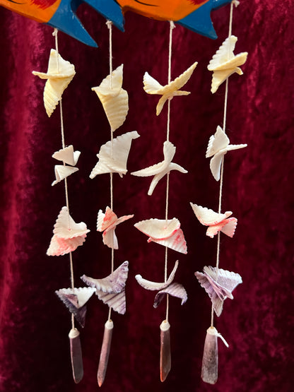 Vintage Wood Fish Wind Chime - Hand Painted Tropical Fish Seashell Mobile