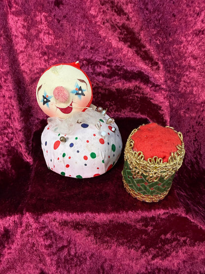 Vintage Pin Cushion Set – Mid Century Jester Clown and Drum - Tape Measure Nose