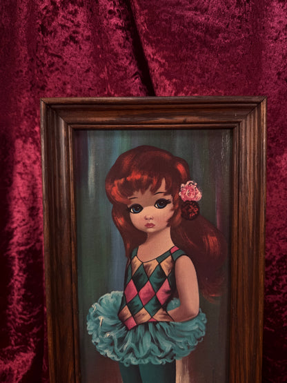Vintage Mid Century Framed Wall Art – Big Eyes Harlequin Ballerina Girl Portrait - Moppet by Jean Maio