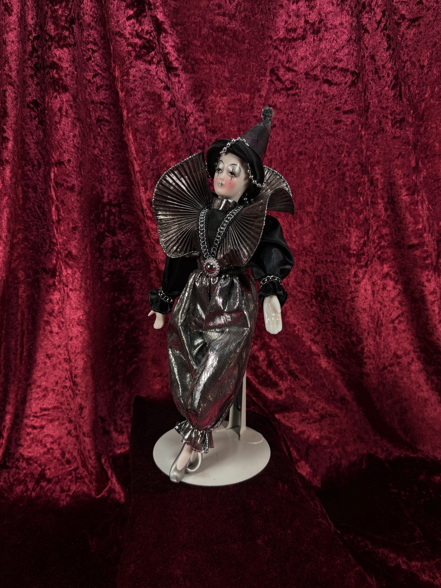 Vintage Silvestri Porcelain Pierrot Doll – Silver Metallic Black Harlequin Figure