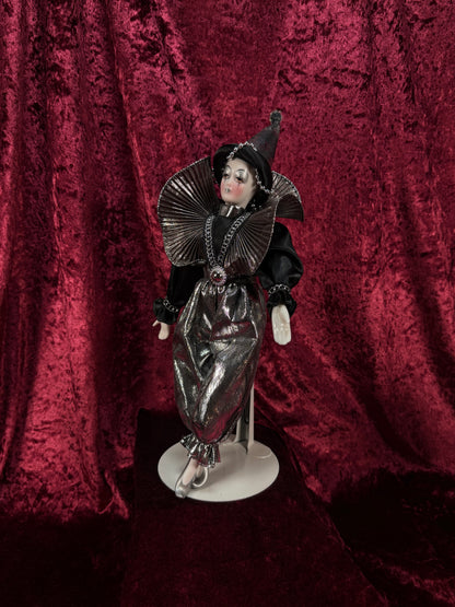 Vintage Silvestri Porcelain Pierrot Doll – Silver Metallic Black Harlequin Figure