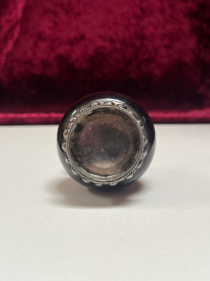 Vintage Trinket Box - Pill / Snuff Jar - Amethyst Purple Glass - Ornate Silver Tone Design