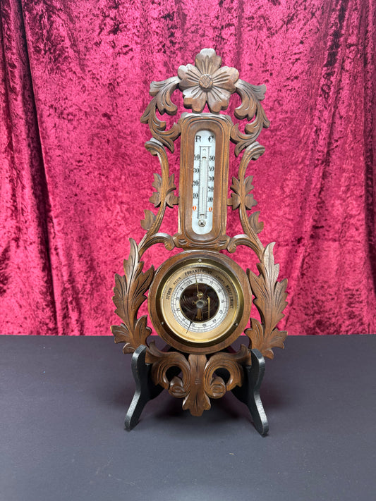 Antique Wall Decor - Hand Carved Dark Wood Thermometer - Black Forest Style - Denmark