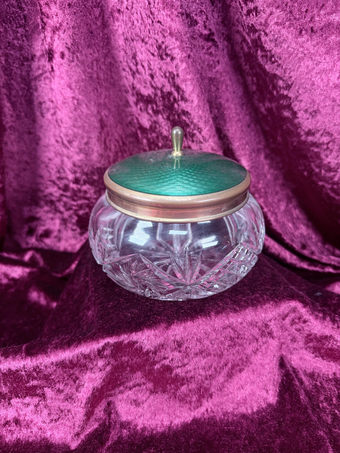 Vintage Cut Crystal Vanity Jar – Green Guilloché Style Lid Dresser Box