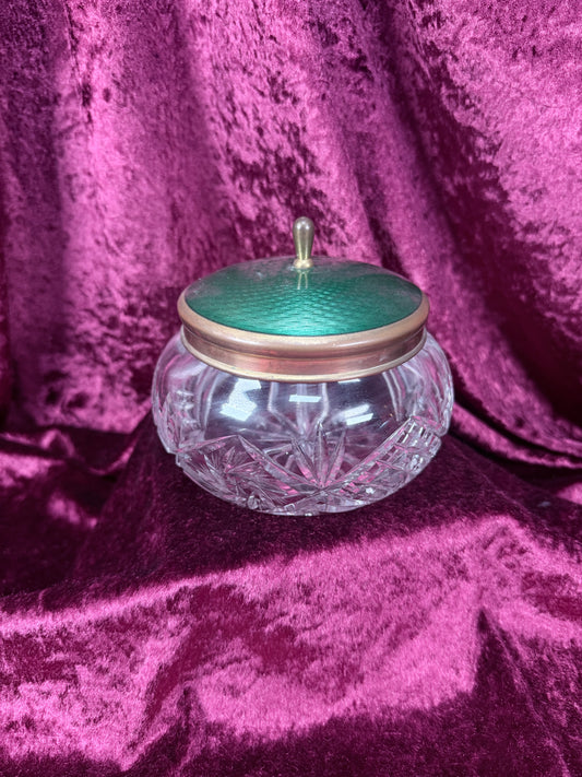 Vintage Cut Crystal Vanity Jar – Green Guilloché Style Lid Dresser Box